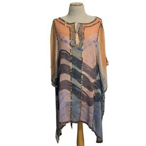 Chicos Womens L/XL Multicolor Sequin-Trim Sheer Poncho Tunic Top